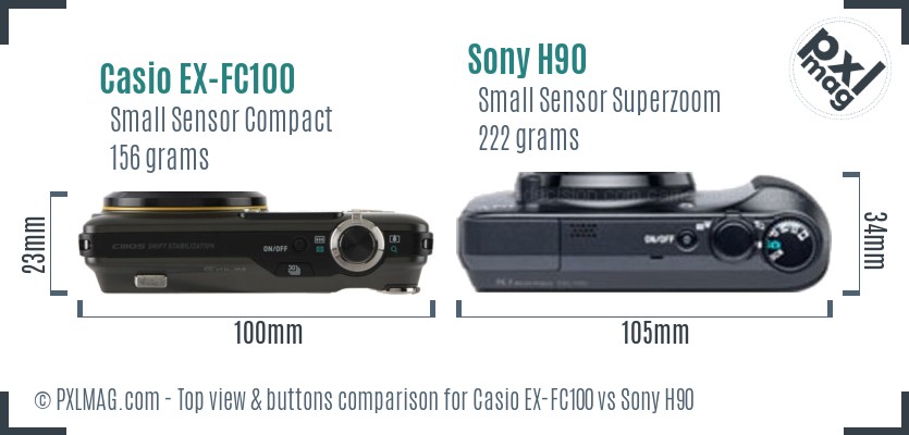 Casio EX-FC100 vs Sony H90 top view buttons comparison