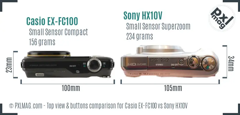 Casio EX-FC100 vs Sony HX10V top view buttons comparison Casio EX-FC100 vs Sony HX10V top view buttons comparison