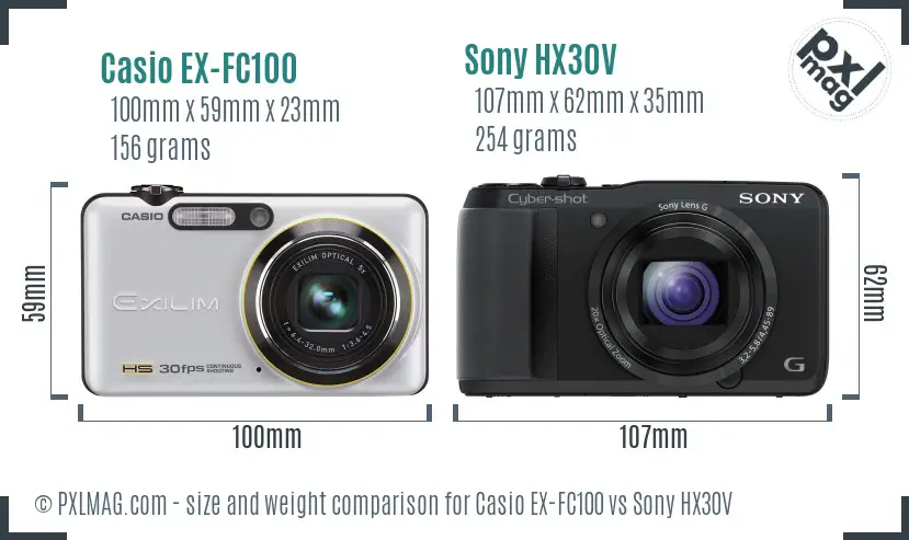 Casio EX-FC100 vs Sony HX30V size comparison
