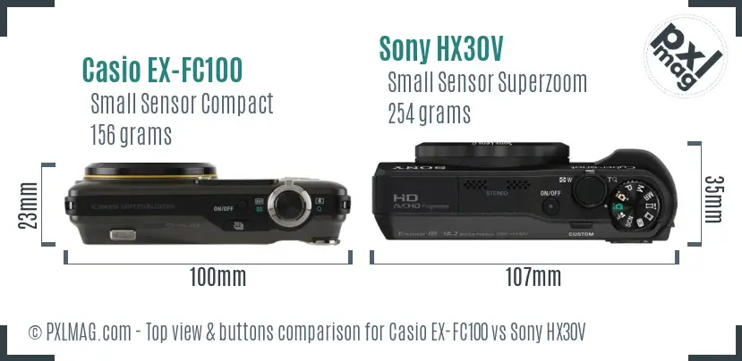 Casio EX-FC100 vs Sony HX30V top view buttons comparison