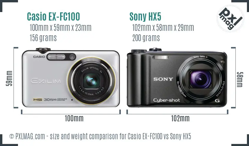 Casio EX-FC100 vs Sony HX5 size comparison