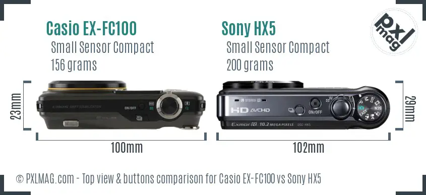 Casio EX-FC100 vs Sony HX5 top view buttons comparison