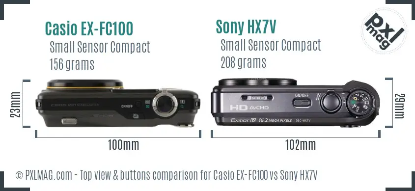 Casio EX-FC100 vs Sony HX7V top view buttons comparison Casio EX-FC100 vs Sony HX7V top view buttons comparison