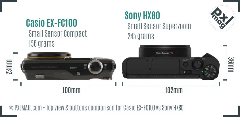 Casio EX-FC100 vs Sony HX80 top view buttons comparison