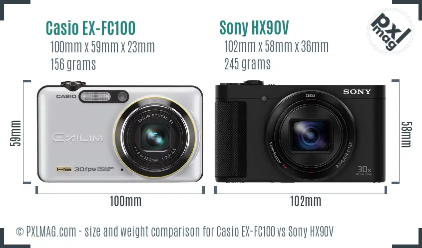 Casio EX-FC100 vs Sony HX90V size comparison