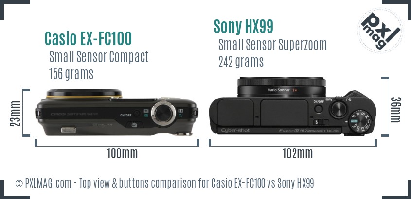 Casio EX-FC100 vs Sony HX99 top view buttons comparison
