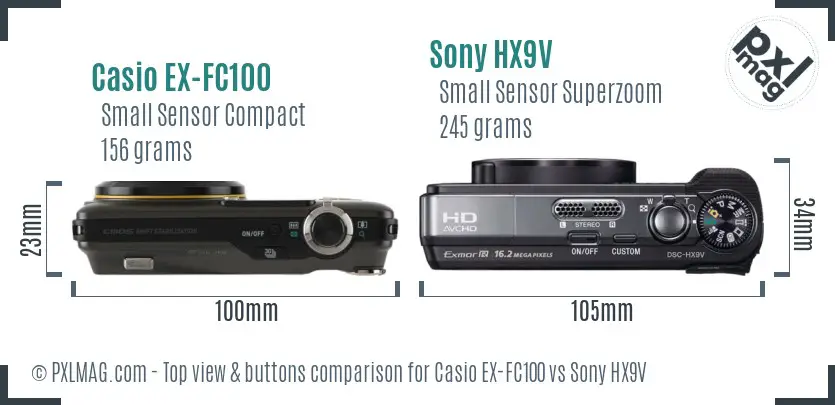 Casio EX-FC100 vs Sony HX9V top view buttons comparison Casio EX-FC100 vs Sony HX9V top view buttons comparison