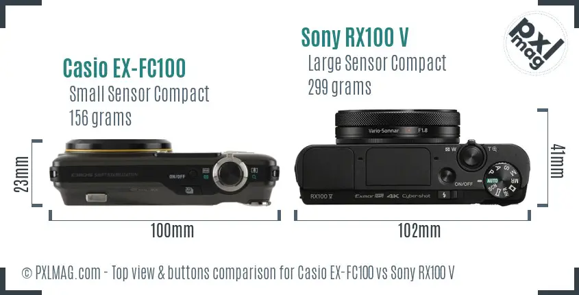 Casio EX-FC100 vs Sony RX100 V top view buttons comparison