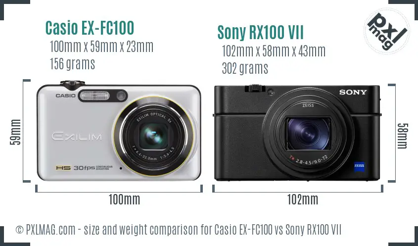 Casio EX-FC100 vs Sony RX100 VII size comparison