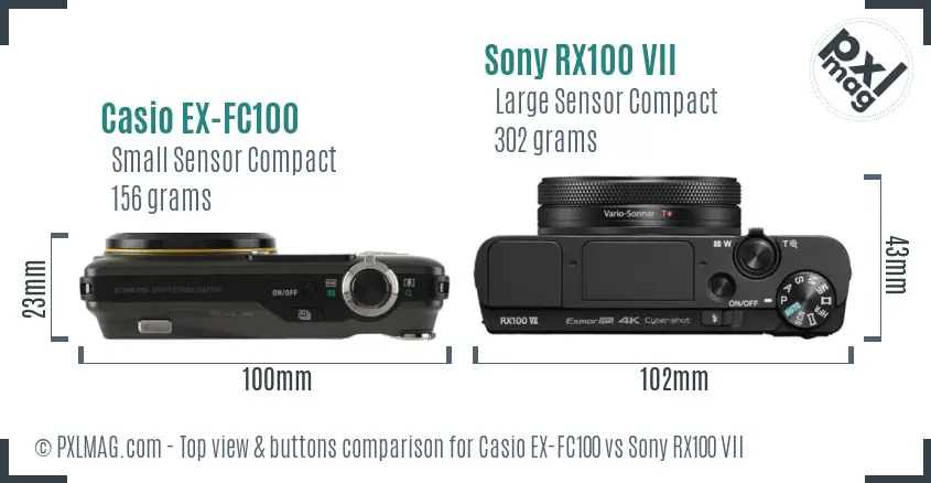 Casio EX-FC100 vs Sony RX100 VII top view buttons comparison