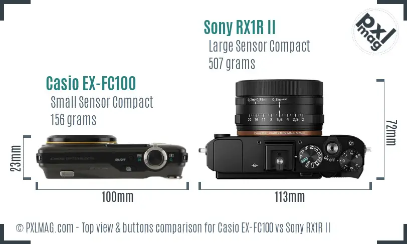 Casio EX-FC100 vs Sony RX1R II top view buttons comparison Casio EX-FC100 vs Sony RX1R II top view buttons comparison