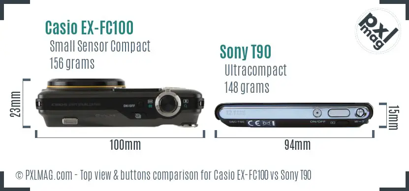 Casio EX-FC100 vs Sony T90 top view buttons comparison Casio EX-FC100 vs Sony T90 top view buttons comparison