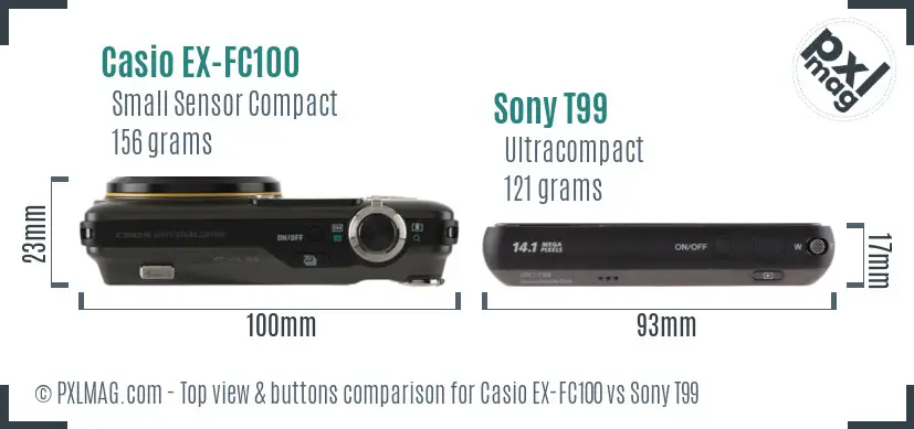 Casio EX-FC100 vs Sony T99 top view buttons comparison Casio EX-FC100 vs Sony T99 top view buttons comparison