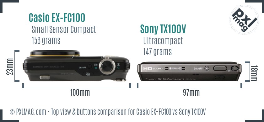 Casio EX-FC100 vs Sony TX100V top view buttons comparison