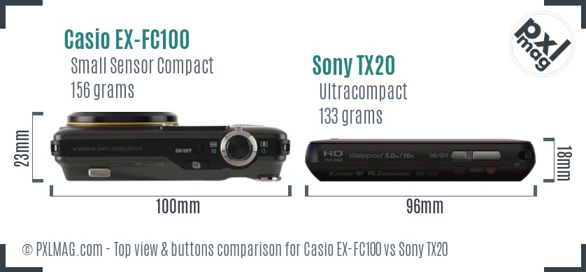 Casio EX-FC100 vs Sony TX20 top view buttons comparison