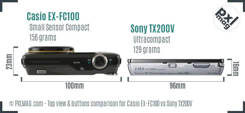 Casio EX-FC100 vs Sony TX200V top view buttons comparison Casio EX-FC100 vs Sony TX200V top view buttons comparison