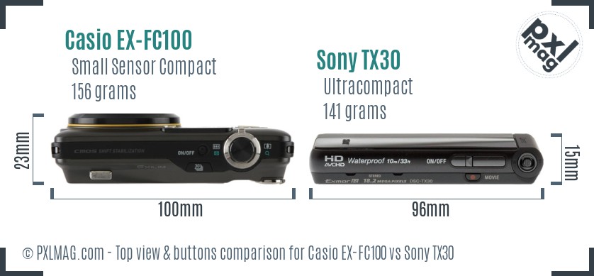 Casio EX-FC100 vs Sony TX30 top view buttons comparison