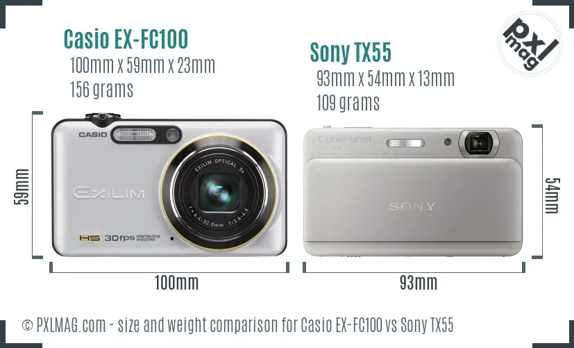 Casio EX-FC100 vs Sony TX55 size comparison