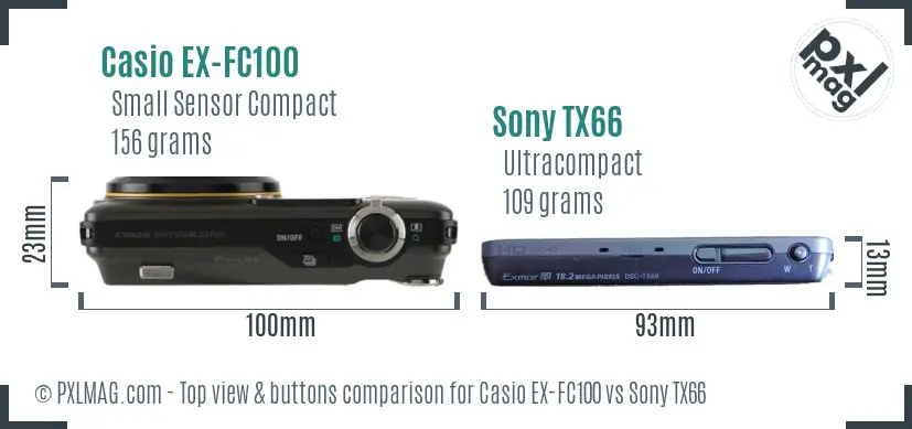 Casio EX-FC100 vs Sony TX66 top view buttons comparison Casio EX-FC100 vs Sony TX66 top view buttons comparison