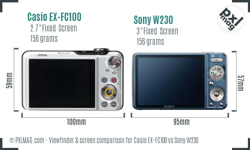 Casio EX-FC100 vs Sony W230 Screen and Viewfinder comparison