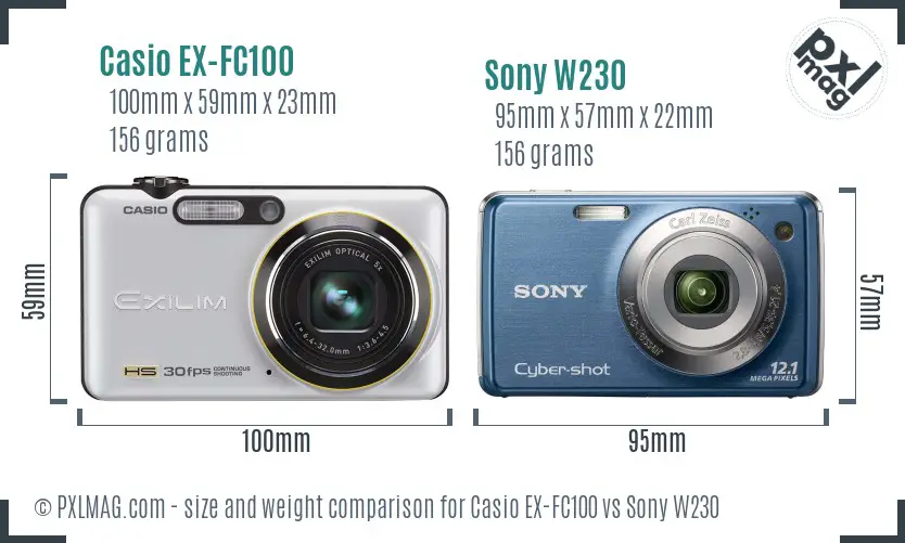 Casio EX-FC100 vs Sony W230 size comparison