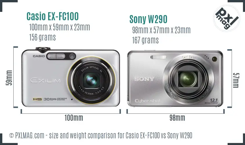 Casio EX-FC100 vs Sony W290 size comparison