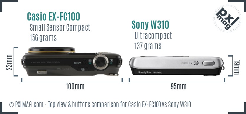 Casio EX-FC100 vs Sony W310 top view buttons comparison