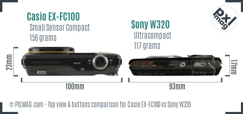 Casio EX-FC100 vs Sony W320 top view buttons comparison