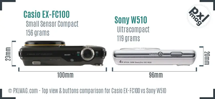 Casio EX-FC100 vs Sony W510 top view buttons comparison Casio EX-FC100 vs Sony W510 top view buttons comparison
