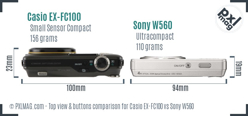 Casio EX-FC100 vs Sony W560 top view buttons comparison