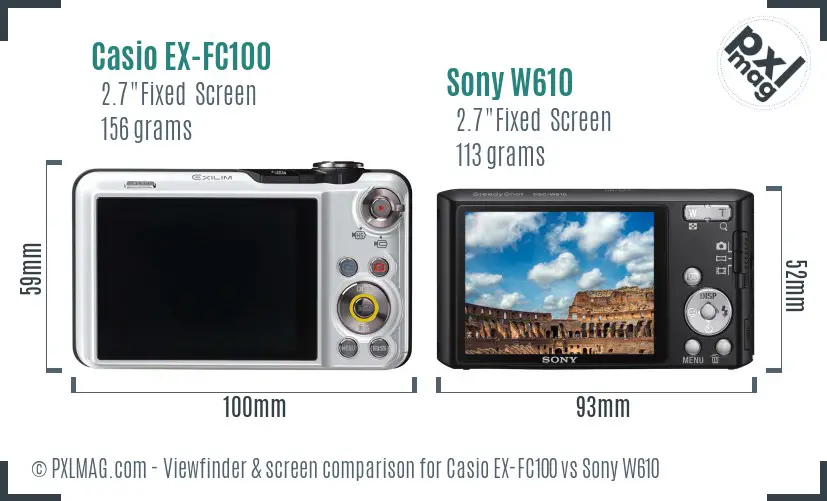 Casio EX-FC100 vs Sony W610 Screen and Viewfinder comparison