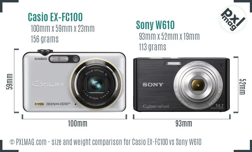 Casio EX-FC100 vs Sony W610 size comparison