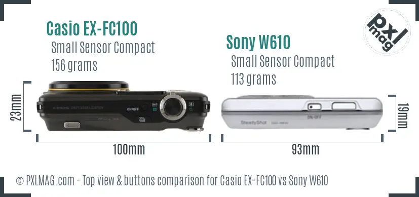 Casio EX-FC100 vs Sony W610 top view buttons comparison