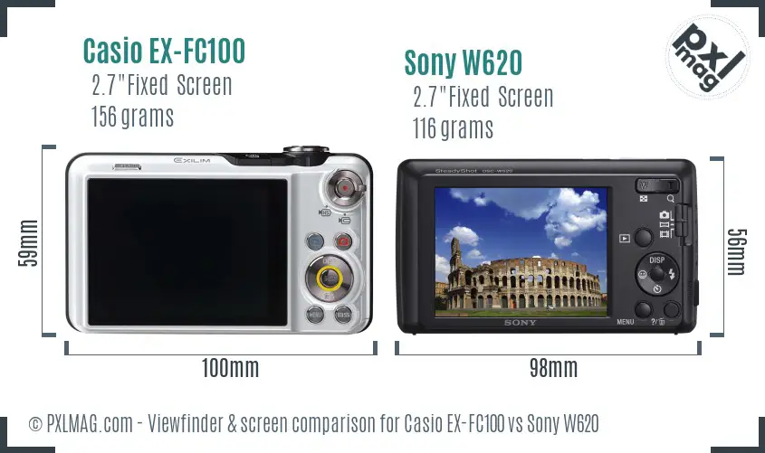 Casio EX-FC100 vs Sony W620 Screen and Viewfinder comparison