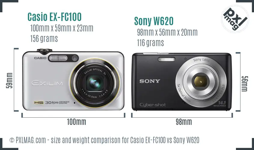 Casio EX-FC100 vs Sony W620 size comparison