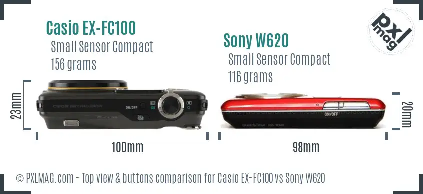 Casio EX-FC100 vs Sony W620 top view buttons comparison