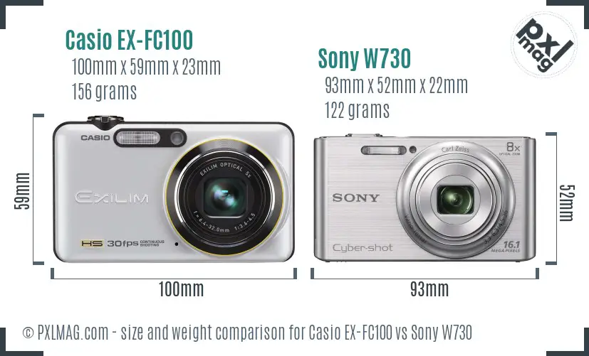 Casio EX-FC100 vs Sony W730 size comparison