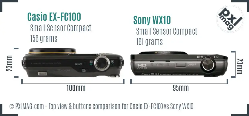 Casio EX-FC100 vs Sony WX10 top view buttons comparison Casio EX-FC100 vs Sony WX10 top view buttons comparison