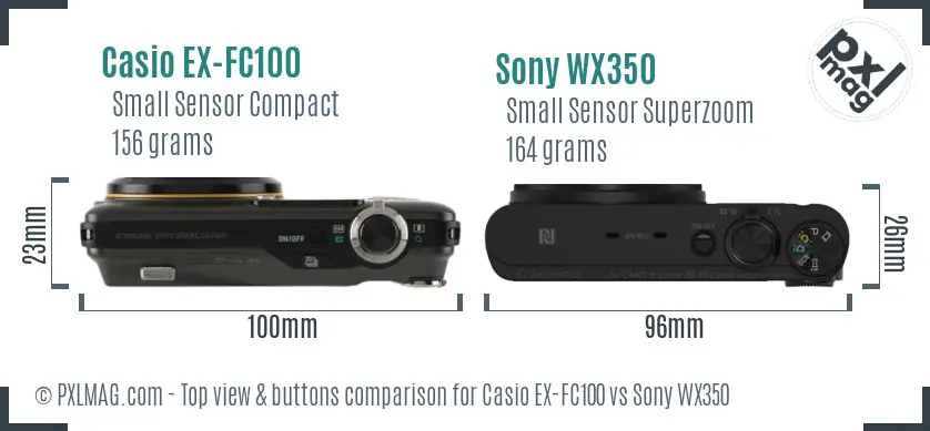 Casio EX-FC100 vs Sony WX350 top view buttons comparison Casio EX-FC100 vs Sony WX350 top view buttons comparison