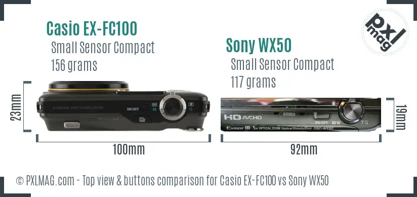Casio EX-FC100 vs Sony WX50 top view buttons comparison