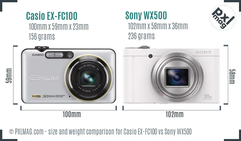 Casio EX-FC100 vs Sony WX500 size comparison