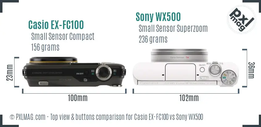 Casio EX-FC100 vs Sony WX500 top view buttons comparison
