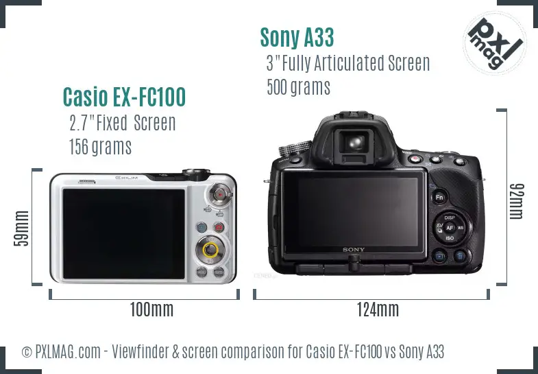 Casio EX-FC100 vs Sony A33 Screen and Viewfinder comparison