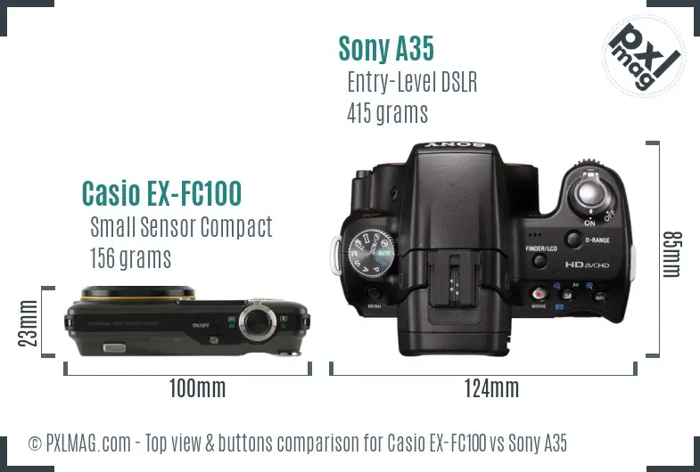 Casio EX-FC100 vs Sony A35 top view buttons comparison Casio EX-FC100 vs Sony A35 top view buttons comparison