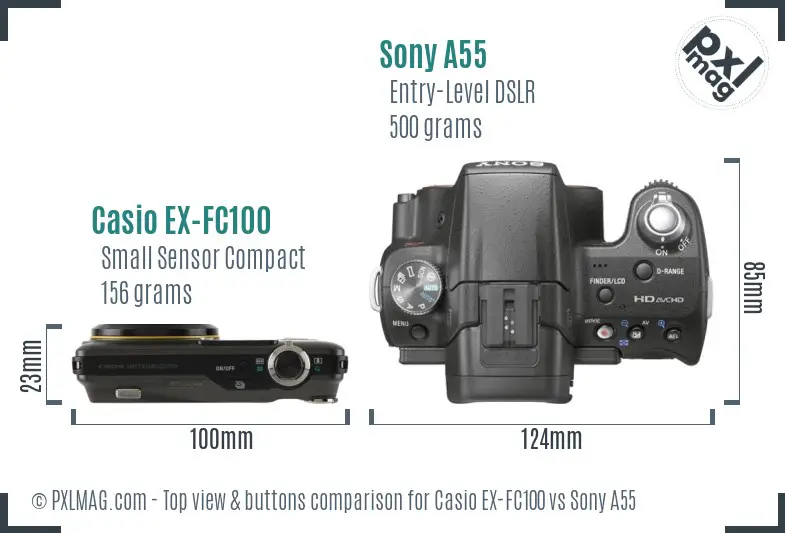 Casio EX-FC100 vs Sony A55 top view buttons comparison