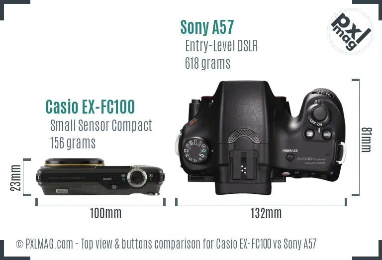 Casio EX-FC100 vs Sony A57 top view buttons comparison Casio EX-FC100 vs Sony A57 top view buttons comparison