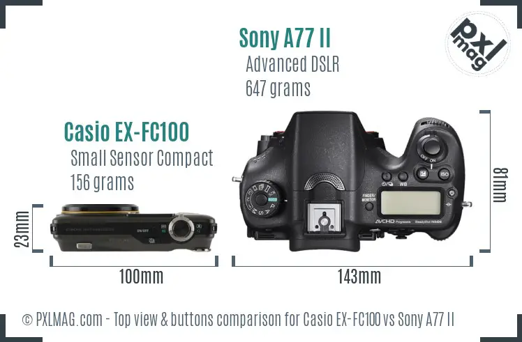 Casio EX-FC100 vs Sony A77 II top view buttons comparison