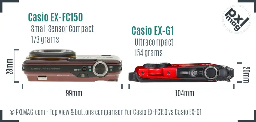 Casio EX-FC150 vs Casio EX-G1 top view buttons comparison
