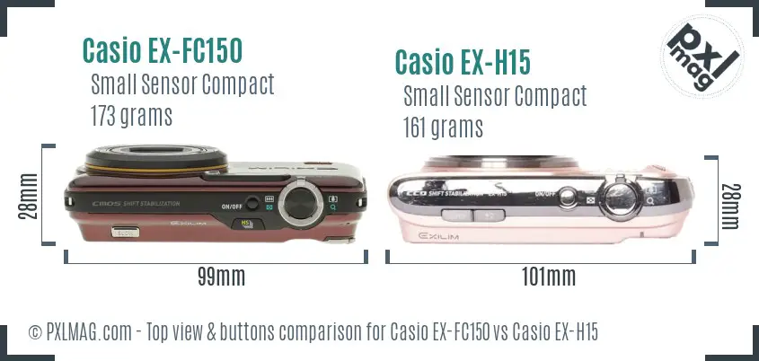 Casio EX-FC150 vs Casio EX-H15 top view buttons comparison