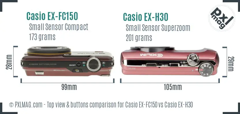 Casio EX-FC150 vs Casio EX-H30 top view buttons comparison